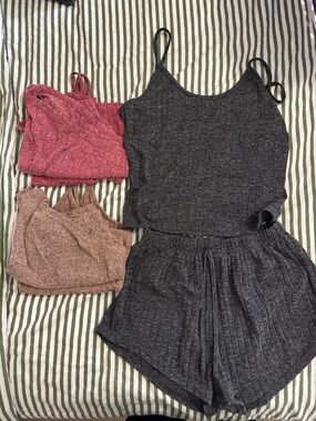 Three pack Ribbed Tank & Short Set with Two Bralettes - Charcoal, Rose, Taupe